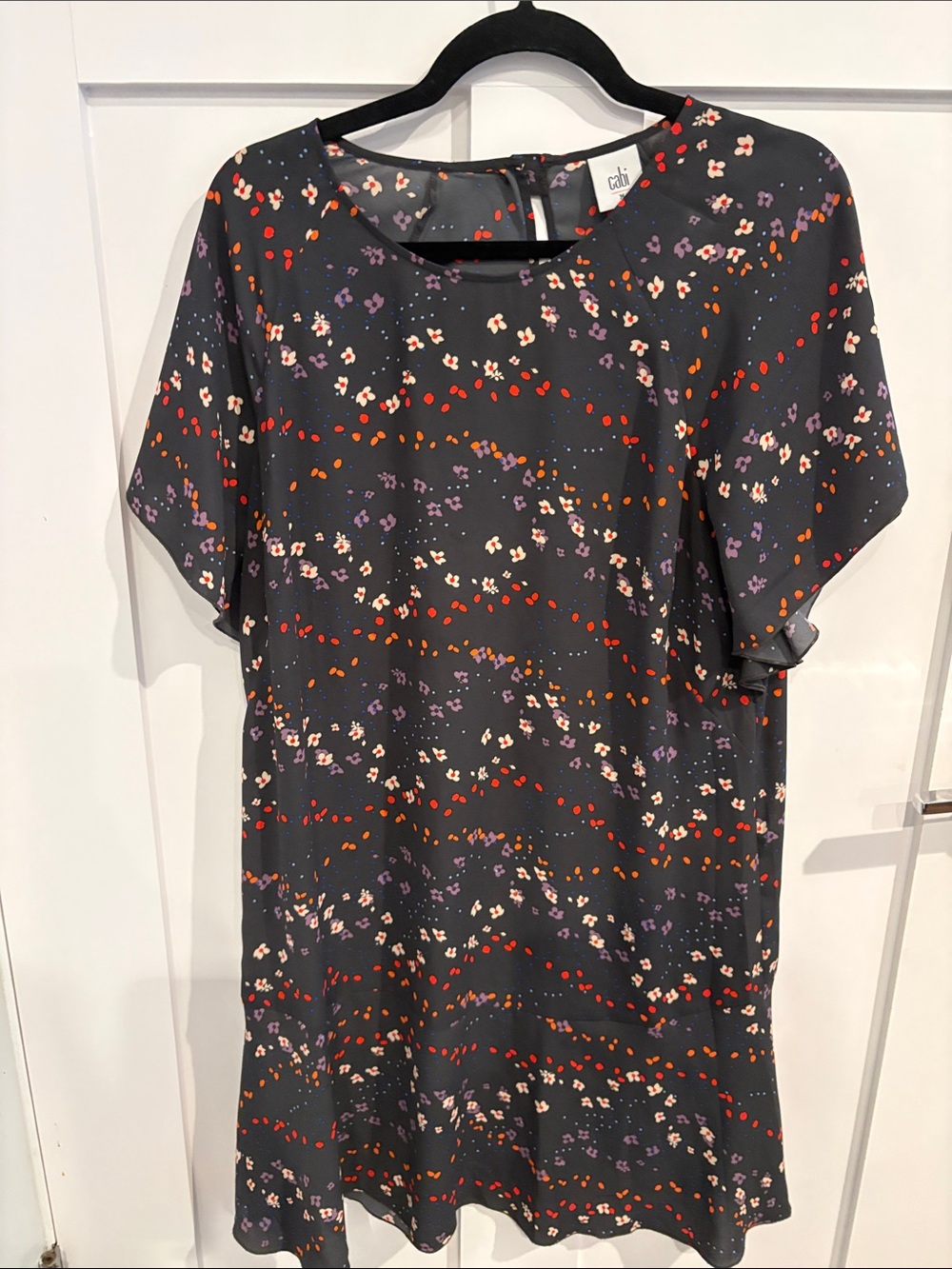 CAbi Black Shift Dress with Red, Lavender & Cream Floral Dots